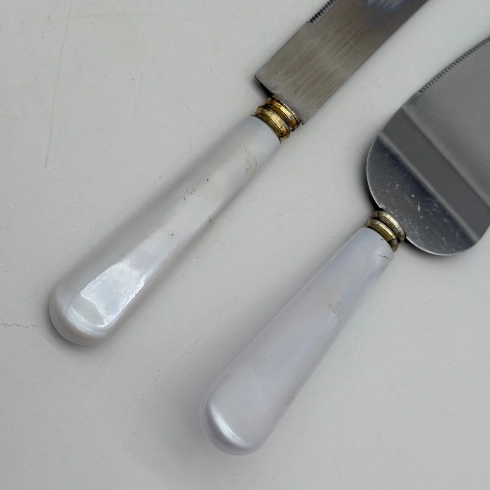 Vintage Stainless Taiwan Cake Knife and Server Set Faux Mother of Pearl Handles